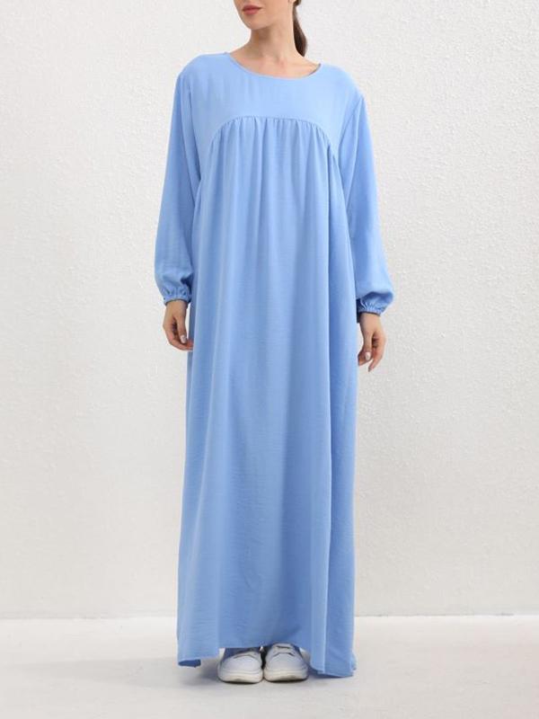 Long Sleeves Loose Pleated Solid Color Split-Joint Round-Neck Maxi Dresses Product Image