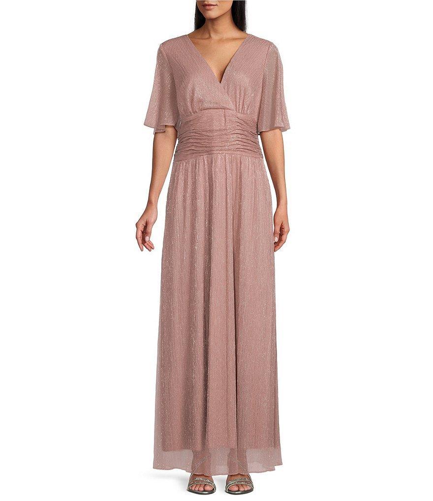 Ignite Evenings Petite Size Short Flutter Sleeve Surplice V-Neck Ruched Waist Gown Product Image