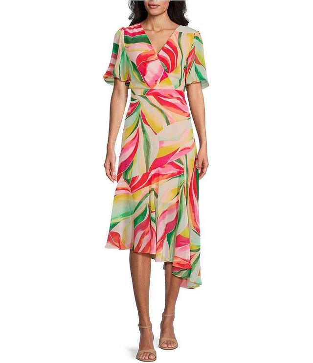 Jessica Howard Petite Size Short Flutter Sleeve V-Neck Asymmetrical Hem Printed Faux Wrap Midi Dress Product Image