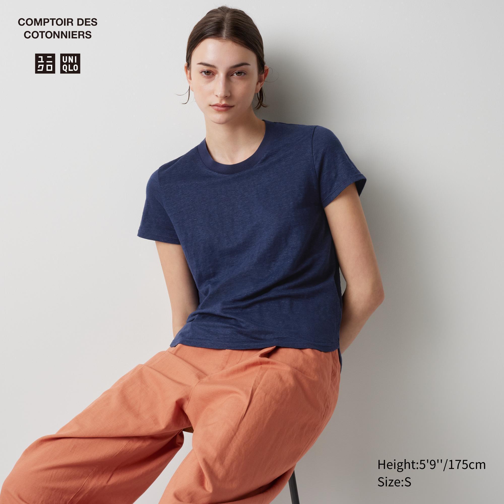 Womens Linen Crew Neck Short-Sleeve T-Shirt Navy XS UNIQLO US Product Image