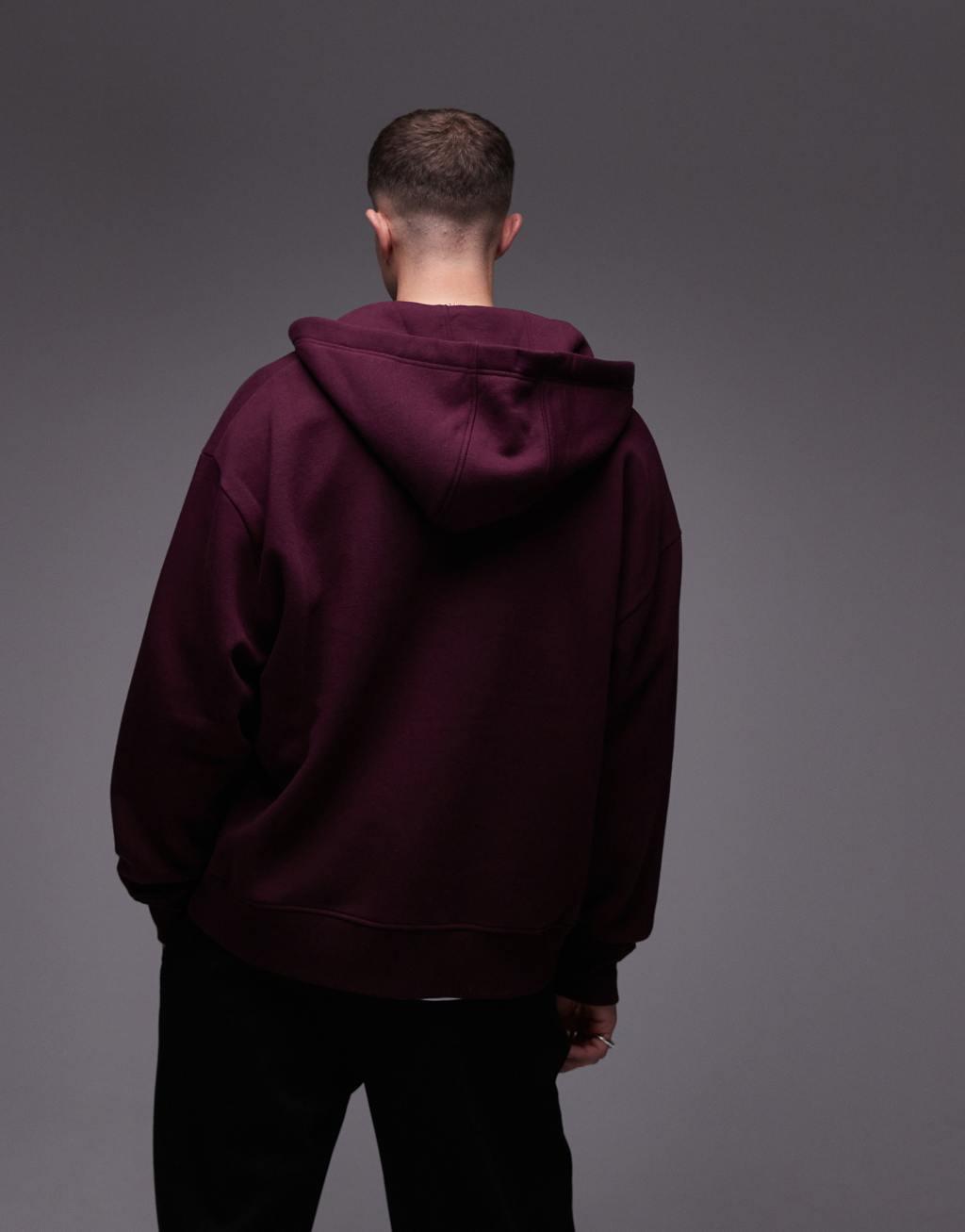 Topman oversized fit full zip hoodie in burgundy Product Image