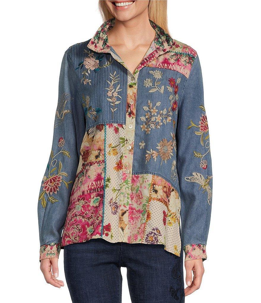 John Mark Embroidered Mixed Media Collar 3/4 Sleeve Button Down Top Product Image