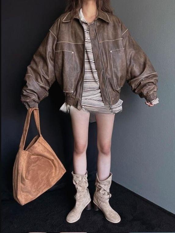 Long Sleeve Washed Faux Leather Loose-Fit Zip-Up Jacket Product Image