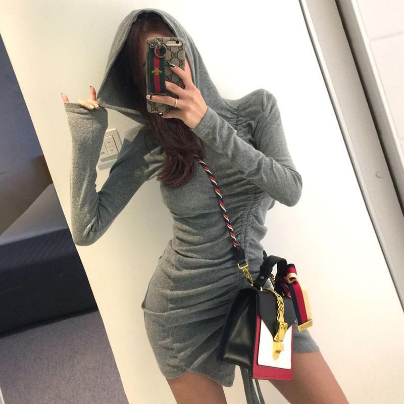 Long-Sleeve Asymmetrical Drawstring Hooded Mini Sheath Dress Product Image