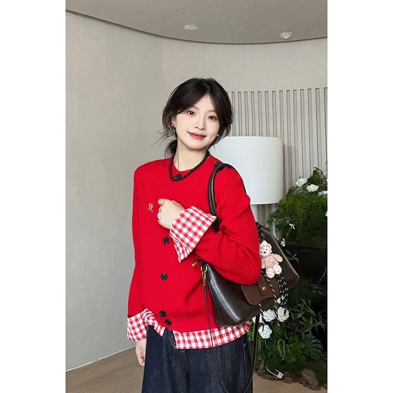 Crew Neck Mock Two-Piece Gingham Panel Button-Up Cardigan Product Image