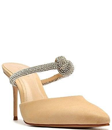 Schutz Nubuck Suede Rhinestone Knot Dress Mules Product Image