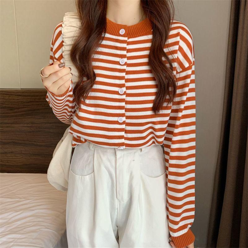 Crew Neck Striped Button Up Cardigan Product Image