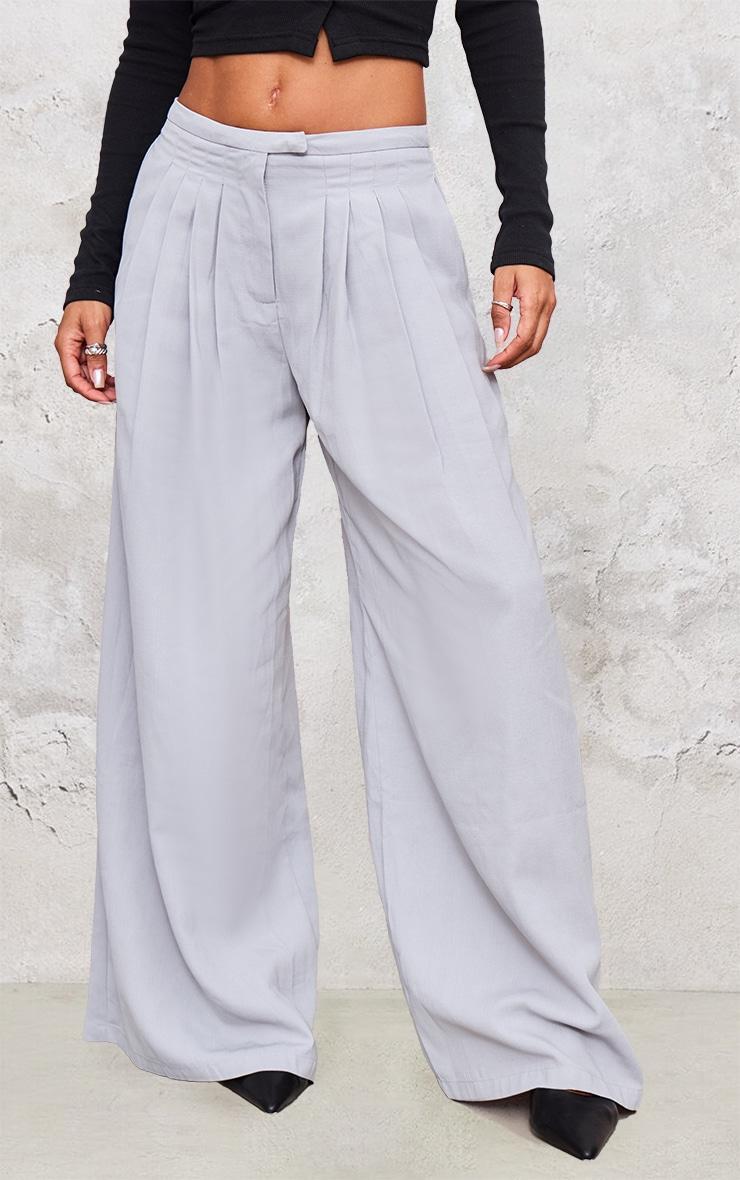 Grey Pintuck Detail Wide Leg Tailored Trousers Product Image