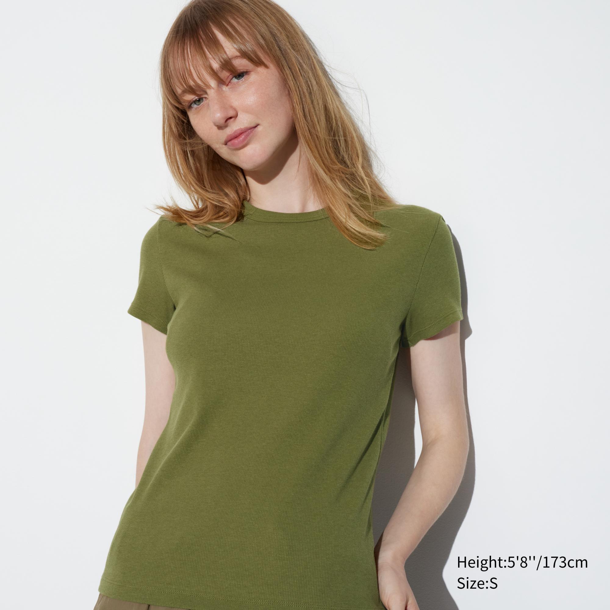 Womens Soft Ribbed Crew Neck Short-Sleeve T-Shirt Olive XL UNIQLO US Product Image