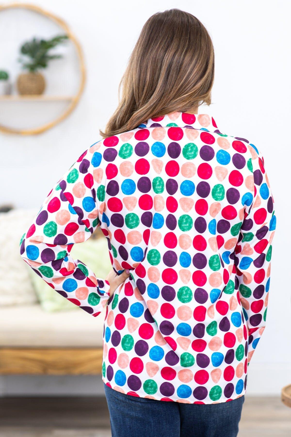 White Multicolor Polka Dot Roll Sleeve Top Product Image