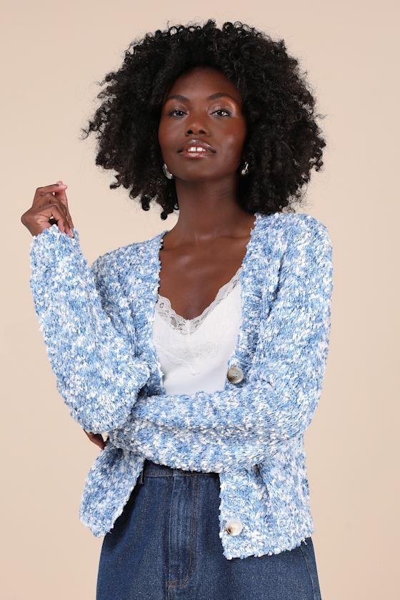 Curated Coziness Blue and White Boucle V-Neck Cardigan Product Image