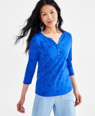 Women's Printed 3/4-Sleeve Henley Top, Created for Macy's Product Image