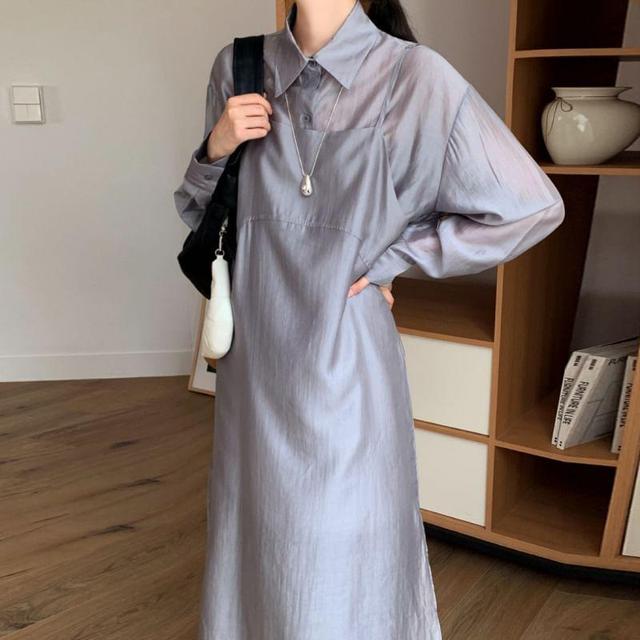 Puff-Sleeve Plain Midi Shirtdress / Pain Midi Overall Dress Product Image