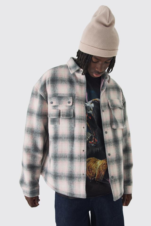 Oversized Padded Plaid Cargo Pocket Overshirt | boohooMAN USA Product Image