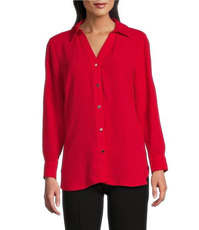 Slim Factor by Investments Point Collar Y-Neck Long Sleeve Button Front Top Product Image