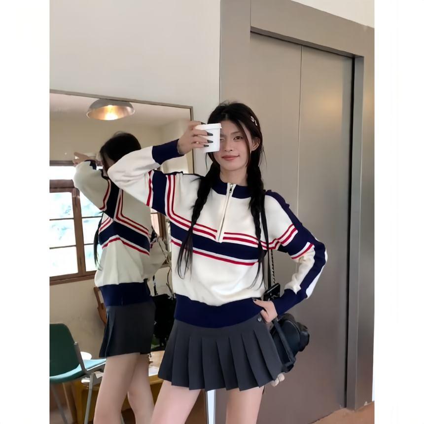 Stand Collar Striped Contrast Trim Half-Zip Sweater Product Image