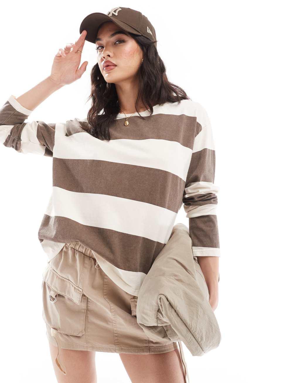 Pull&Bear oversized long sleeve T-shirt in brown stripe Product Image