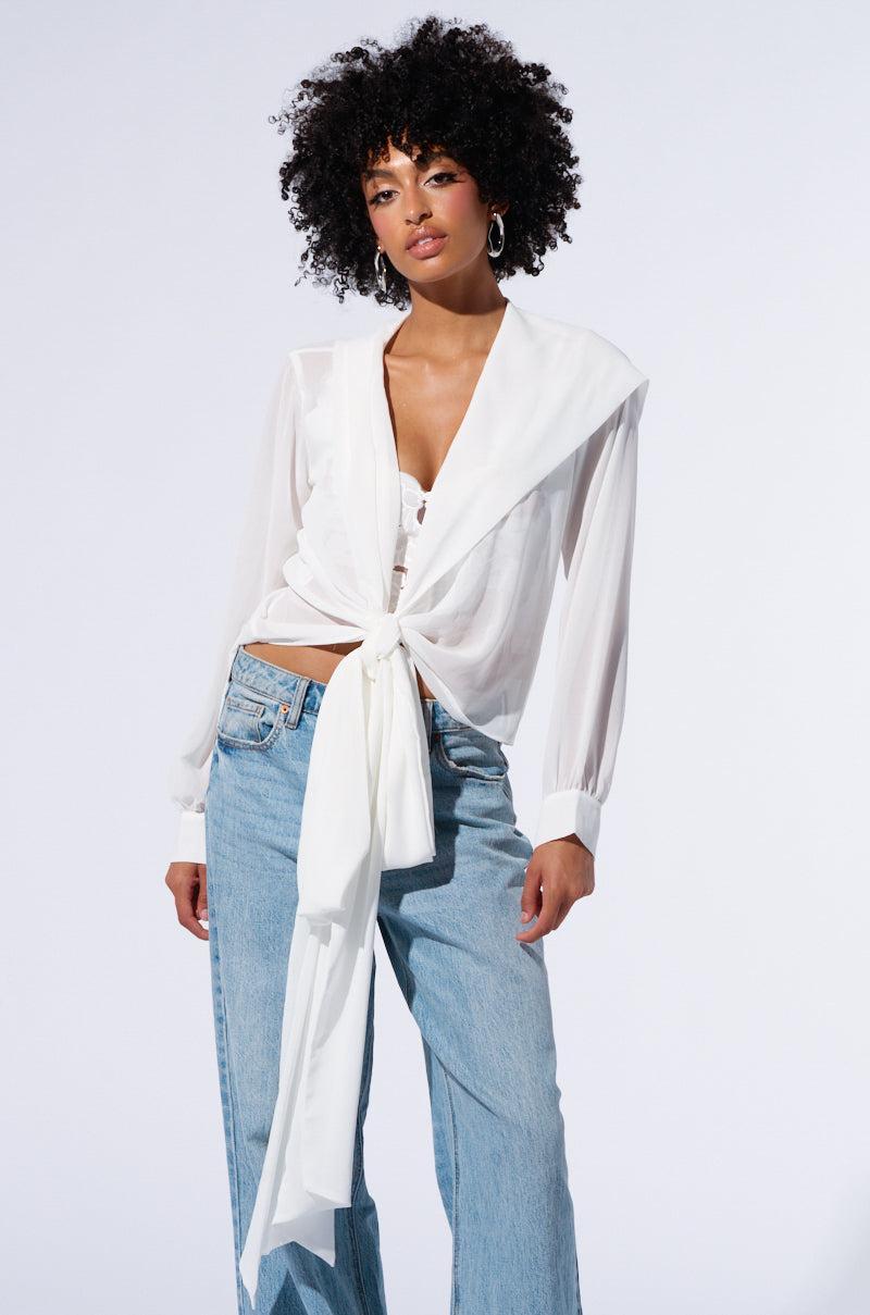 MARGO TIE FRONT BLOUSE WITH HOOD IN WHITE Product Image