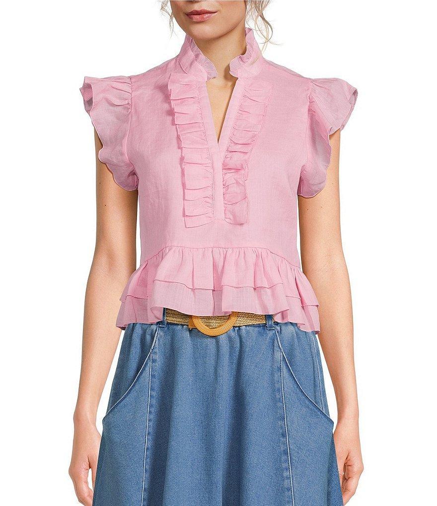 A Loves A V-Neck Cap Sleeve High-Low Hem Ruffled Cropped Top Product Image