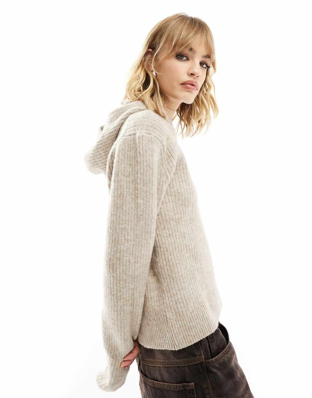 Weekday Zuri knitted hoodie in beige Product Image