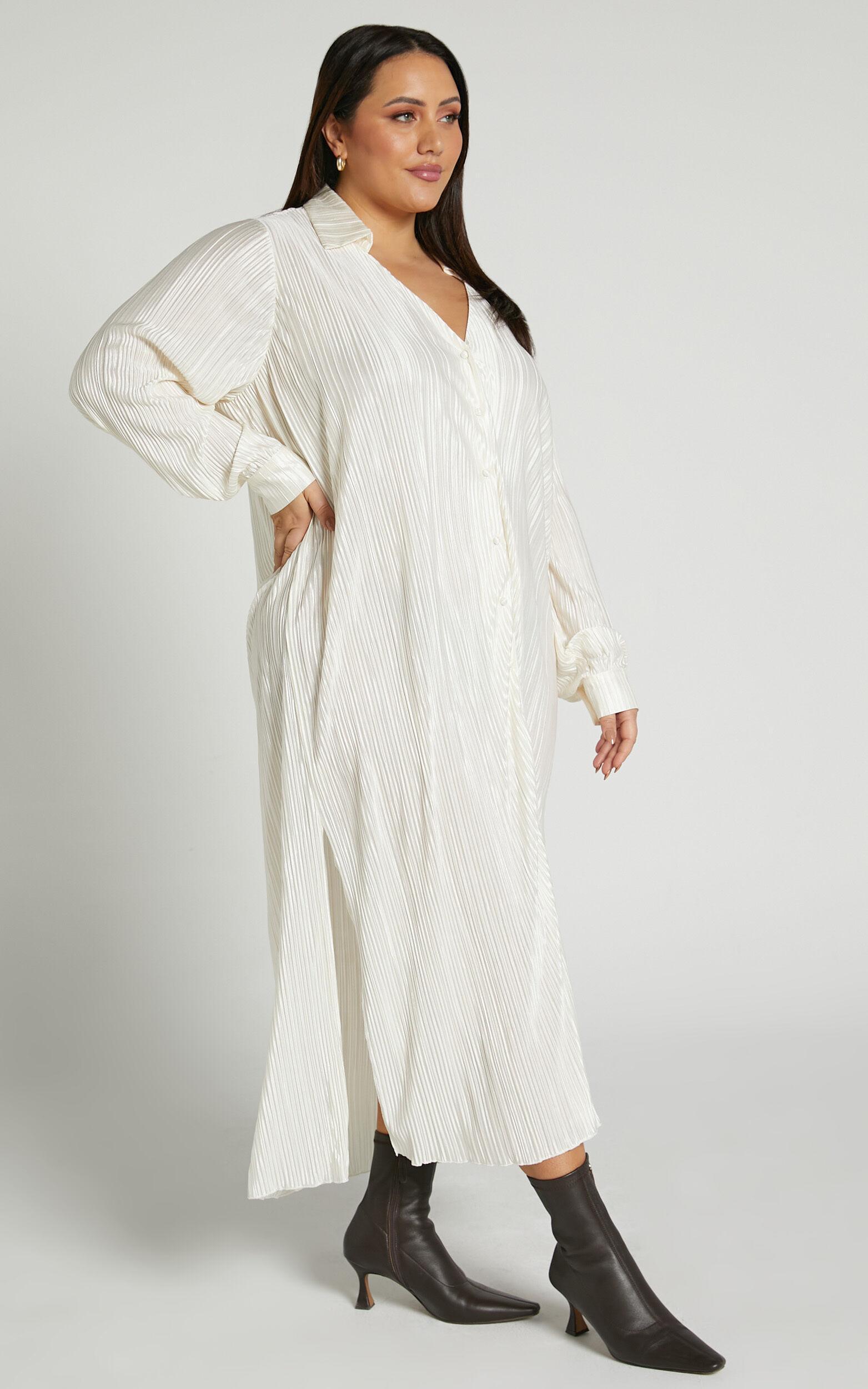 Donelli Midi Dress - Plisse Oversized Collared Shirt Dress in Cream Product Image