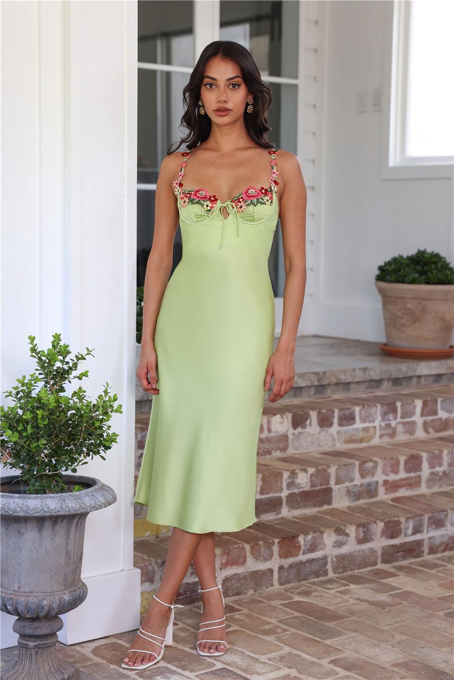 Blooming Relationship Satin Midi Dress Green Product Image