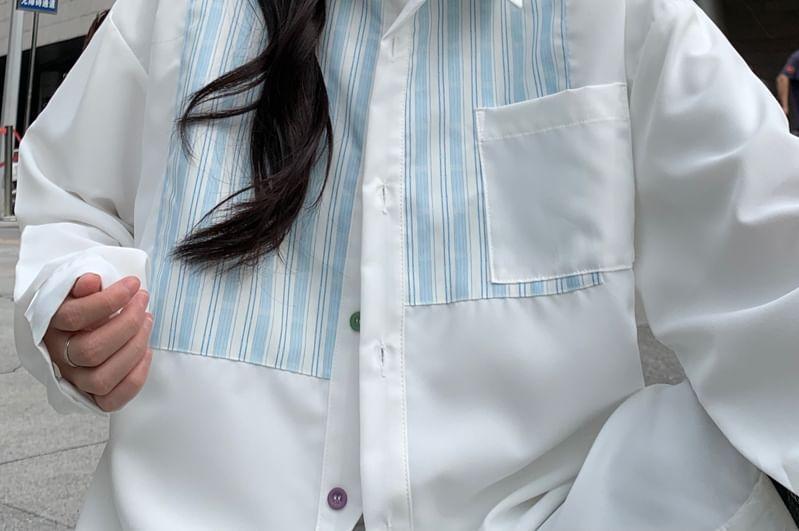 Long-Sleeve Striped Panel Shirt Product Image