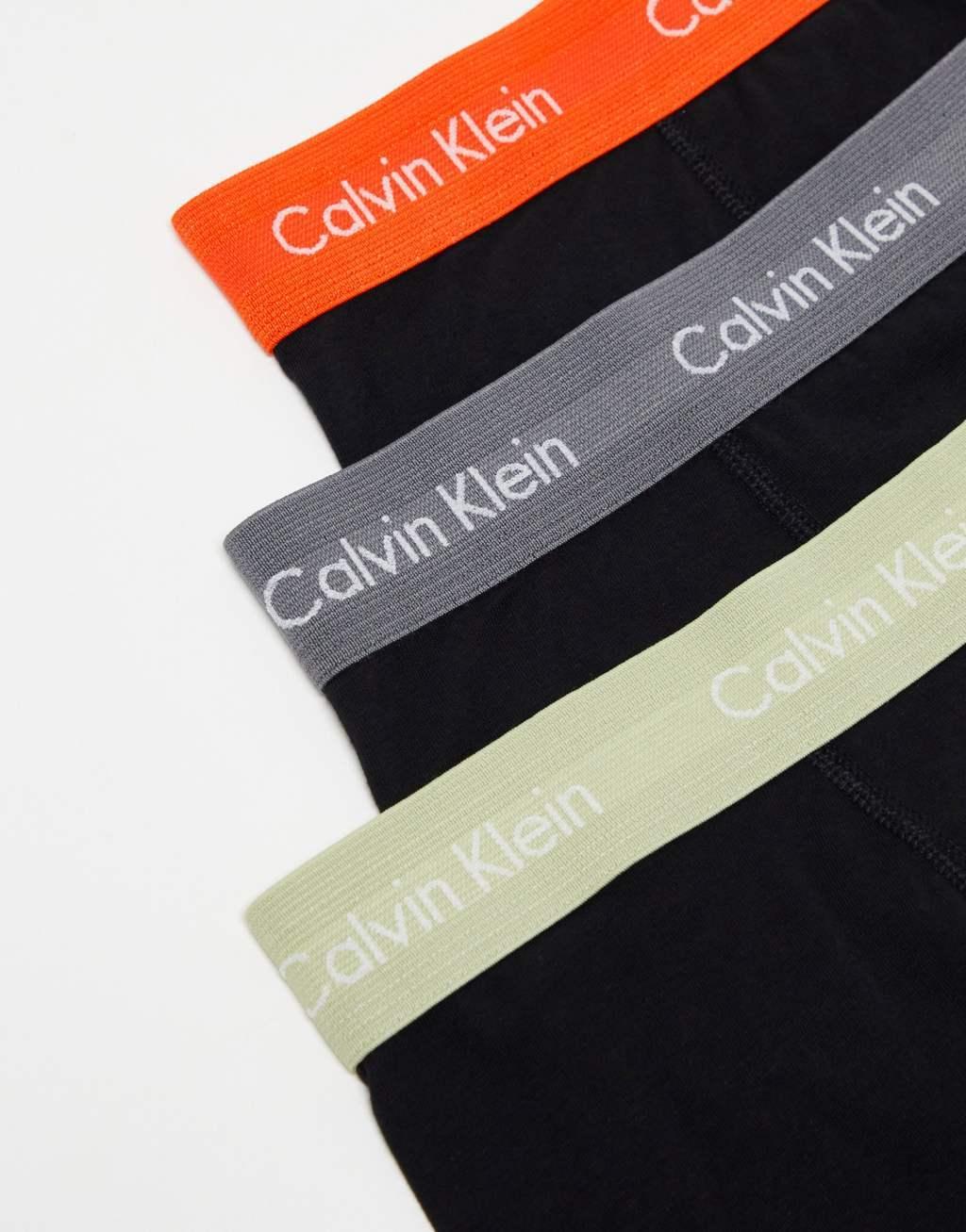 Calvin Klein cotton stretch trunks 3 pack in black with colored waistband Product Image