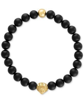 Esquire Mens Jewelry Onyx & Lion Bead Stretch Bracelet in 14k Gold-Plated Sterling Silver, (Also in Blue Tiger Eye), Created for Macys Product Image