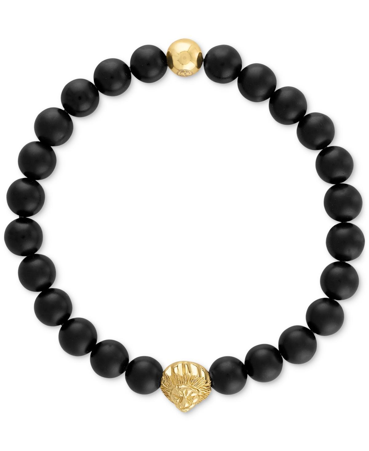 Esquire Mens Jewelry Onyx & Lion Bead Stretch Bracelet in 14k Gold-Plated Sterling Silver, (Also in Blue Tiger Eye), Created for Macys Product Image