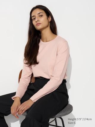 Womens Smooth Stretch Cotton Crew Neck T-Shirt Long Sleeve Pink XL UNIQLO US Product Image