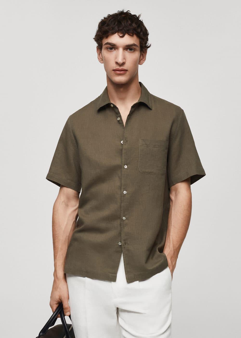 MANGO MAN - Regular-fit linen short-sleeved shirt khakiMen Product Image