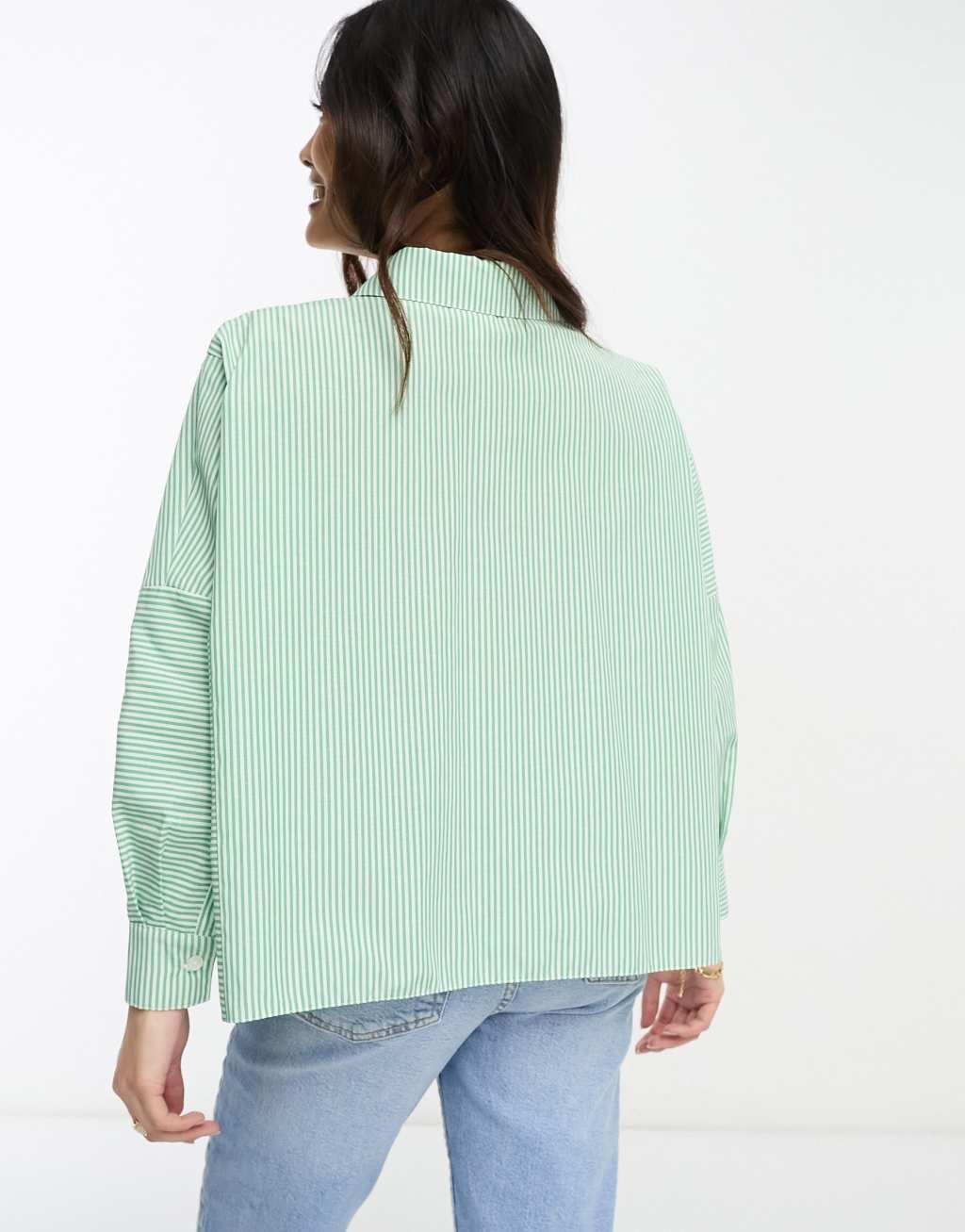 River Island Petite cropped shirt in green stripe Product Image