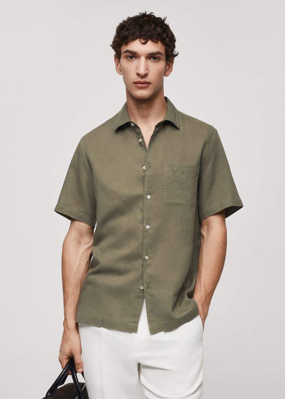 MANGO MAN - Regular-fit linen short-sleeved shirt khakiMen Product Image