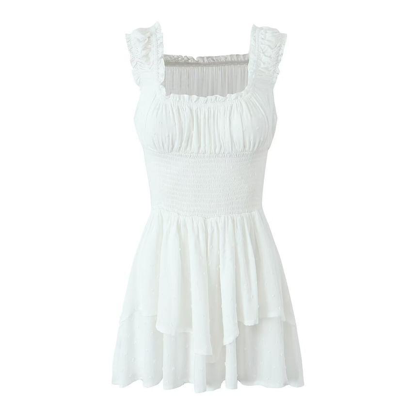 Sleeveless Square Neck Plain Jacquard Frill Trim Smocked Layered Wide Leg Romper Product Image