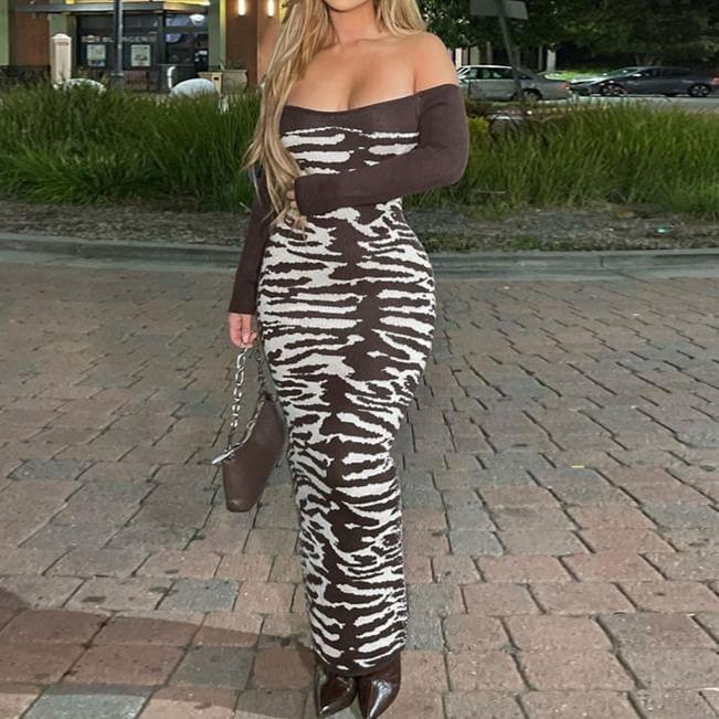 Long Sleeve Off Shoulder Patterned Print Maxi Sheath Dress Product Image