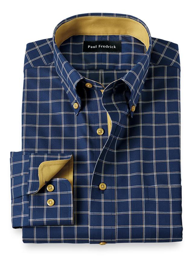 Non-Iron Cotton Check Dress Shirt With Contrast Trim - Navy/gold Product Image