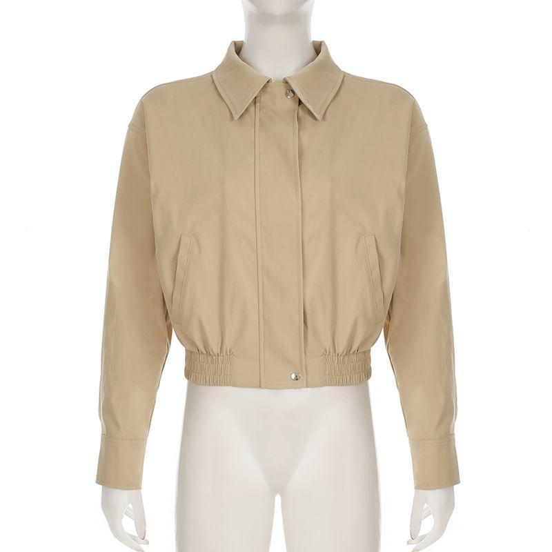 Collared Plain Zip Up Cropped Jacket Product Image