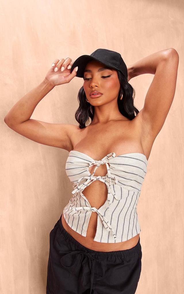 Stone Bandeau Tie Front Striped Linen Crop Product Image