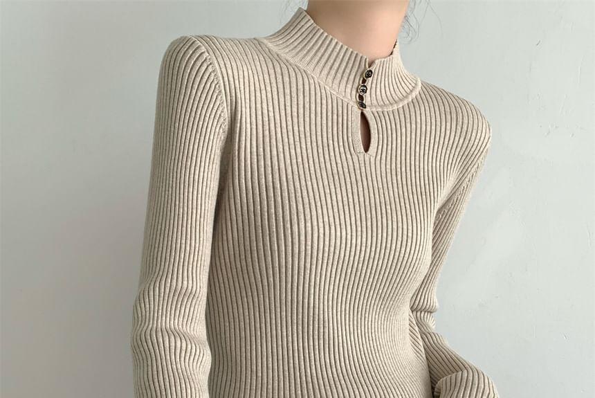 Long-Sleeve Mock Neck Plain Cutout Ribbed Slim Fit Knit Top Product Image