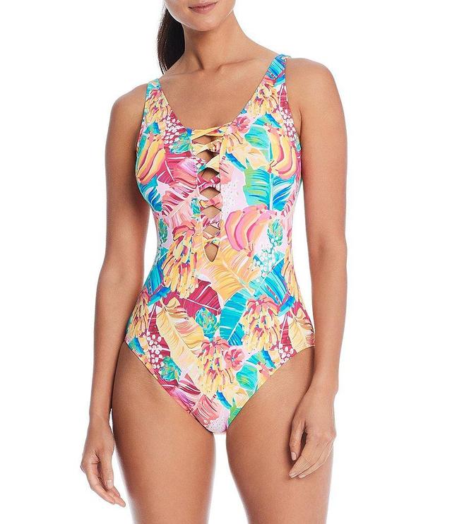 Bleu Rod Beattie I Like It Floral Print Plunge Lace Detail One Piece Swimsuit Product Image