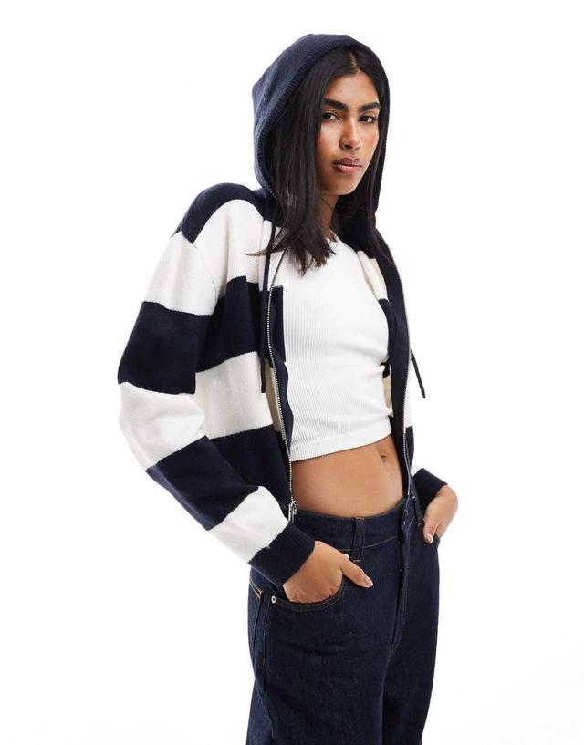 Miss Selfridge zip through crop knit hoodie in mono stripe Product Image