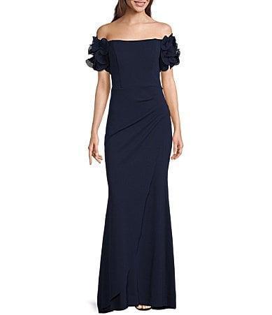 Xscape Rosette Off-the-Shoulder Short Sleeve Ruffle Ruched Waist Gown Product Image