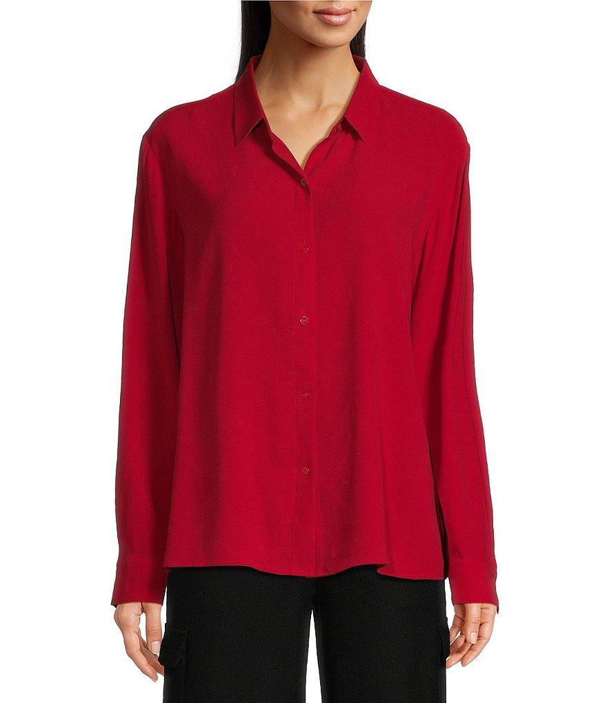 Eileen Fisher Silk Georgette Crepe Point Collar Long Sleeve Button Front Classic Shirt Product Image