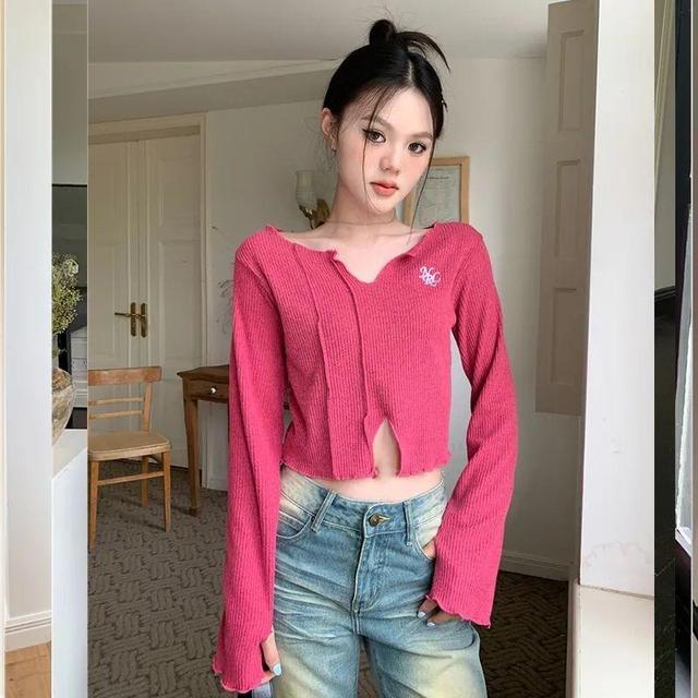 Long-Sleeve V-Neck Embroidered Crop Knit Top Product Image