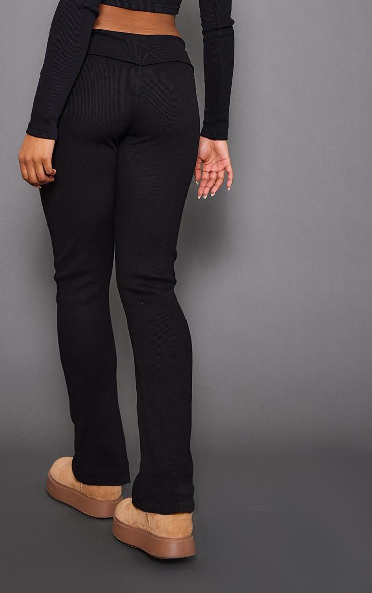 Black Rib Fold Over Waist Flared Pants Product Image