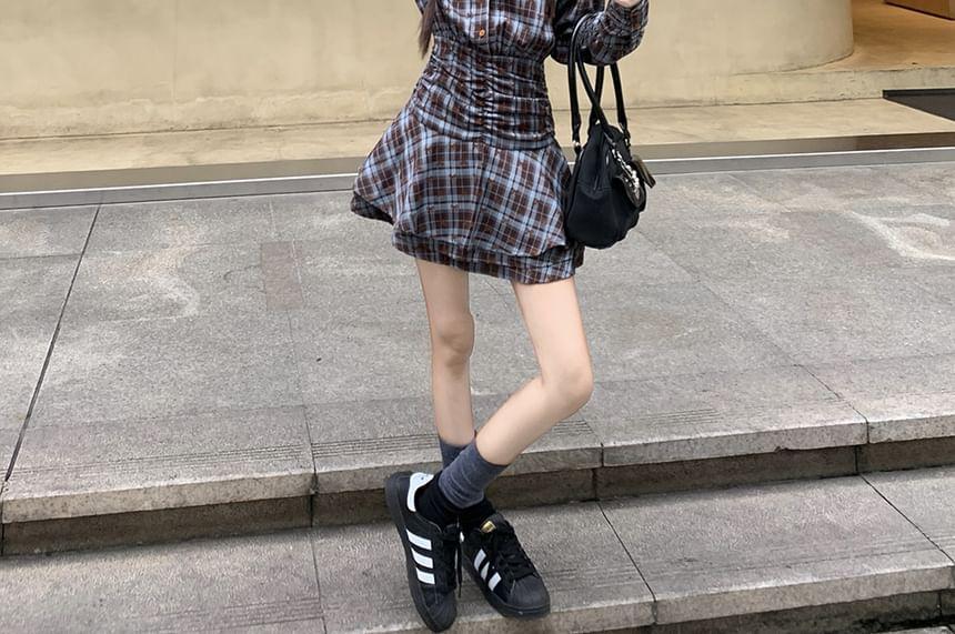 Long-Sleeve Collared Plaid Ruched Layered Half-Buttoned Mini A-Line Dress Product Image