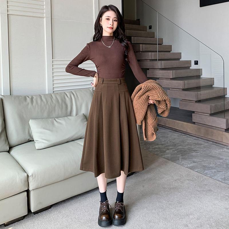 High Waist Plain Midi A-Line Skirt Product Image