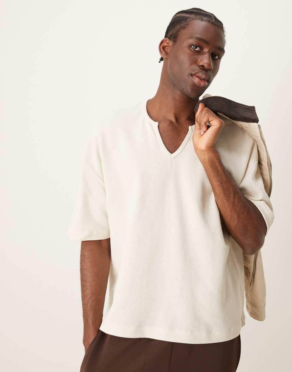 ASOS DESIGN oversized boxy waffle t-shirt with notch neck in cream Product Image