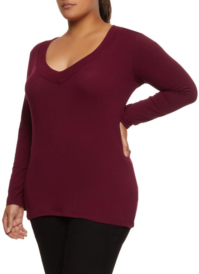 Womens Plus Size Solid V Neck Long Sleeve Tee Product Image